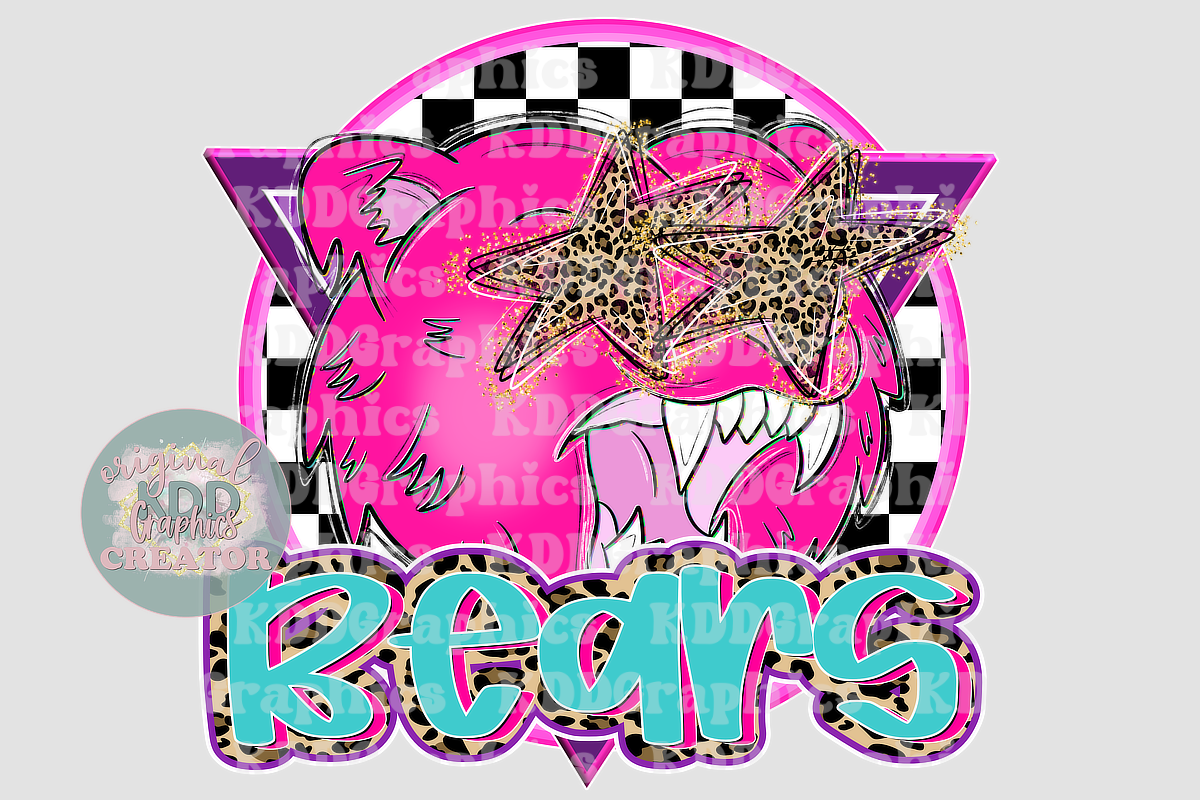 Preppy Pink Bears Mascot Head - Cheetah Star Eyes - Bear School Spirit PNG