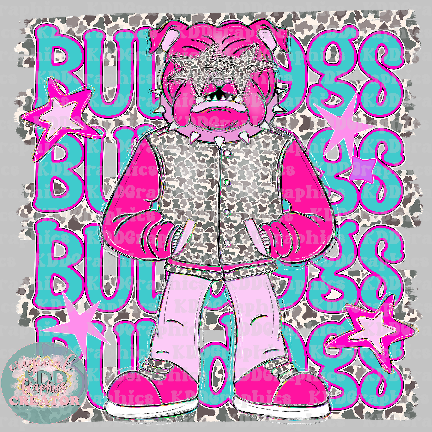 Preppy Pink Bulldog Mascot - Camo Brushstrokes - Bulldogs School Spirit PNG