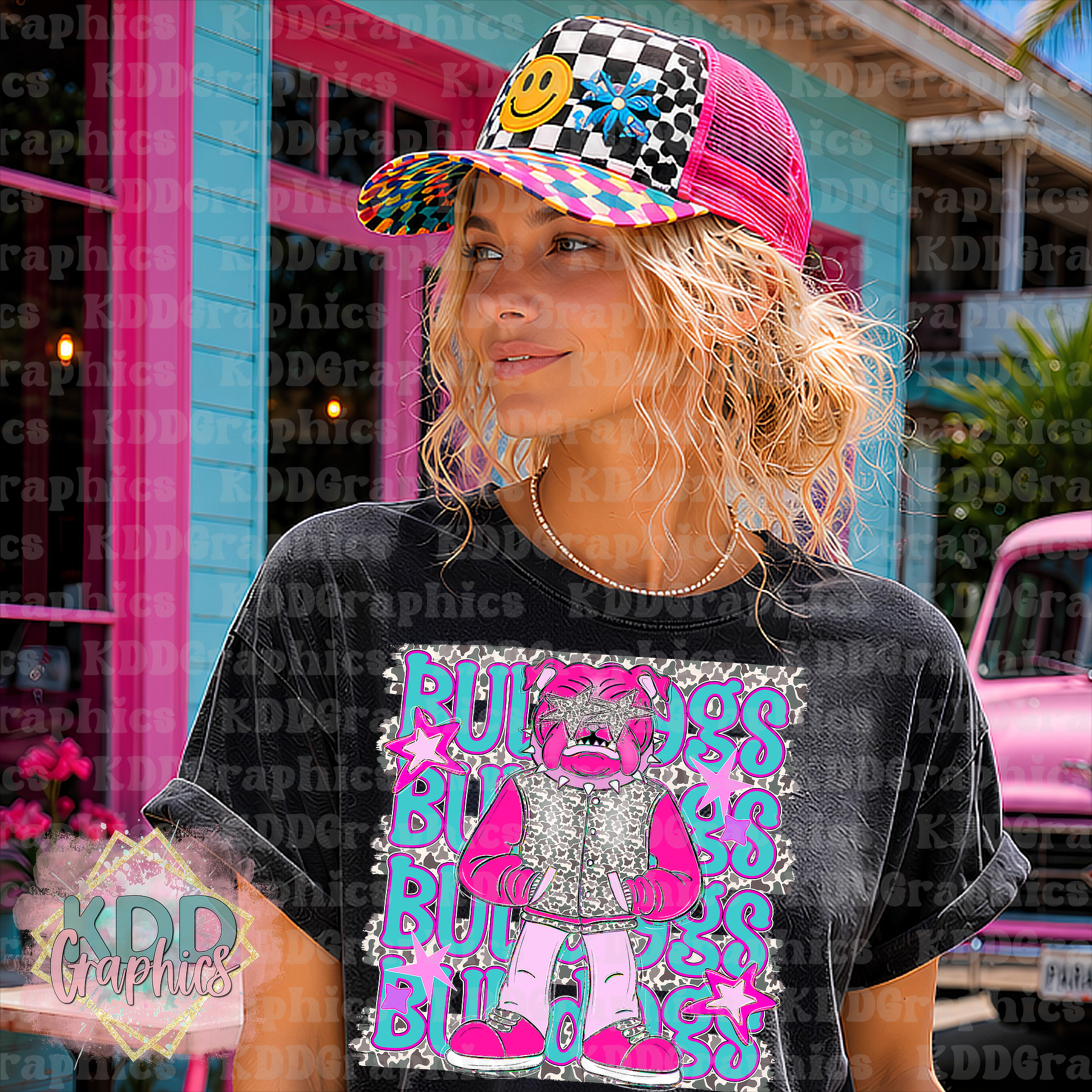 Preppy Pink Bulldog Mascot - Camo Brushstrokes - Bulldogs School Spirit PNG