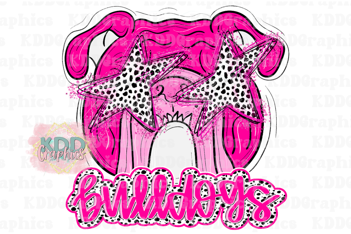 Preppy Pink Bulldog Mascot Head - Dots Star Eyes - Bulldogs School Spirit PNG