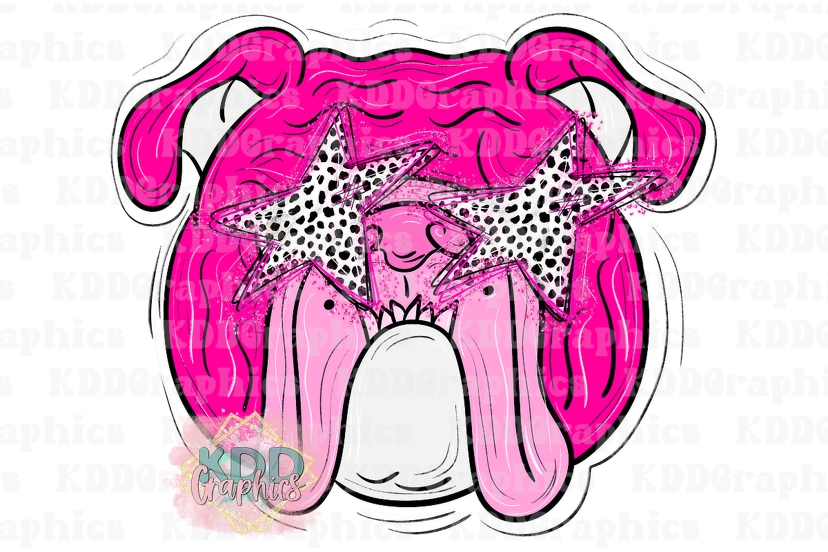 Preppy Pink Bulldog Mascot Head - Dots Star Eyes - Bulldogs School Spirit PNG