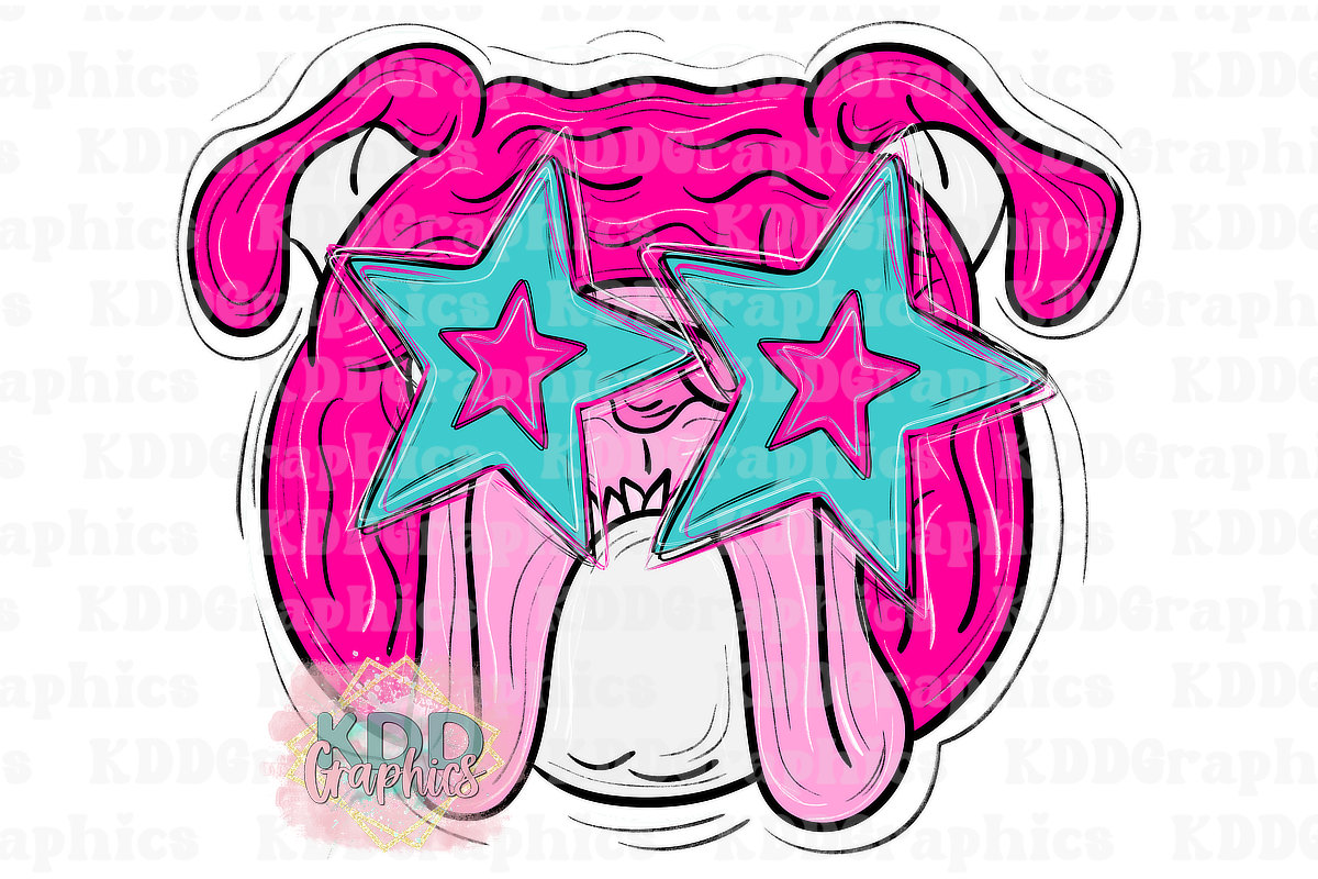 Preppy Pink Bulldog Mascot Head - Teal Star Eyes - Bulldogs School Spirit PNG