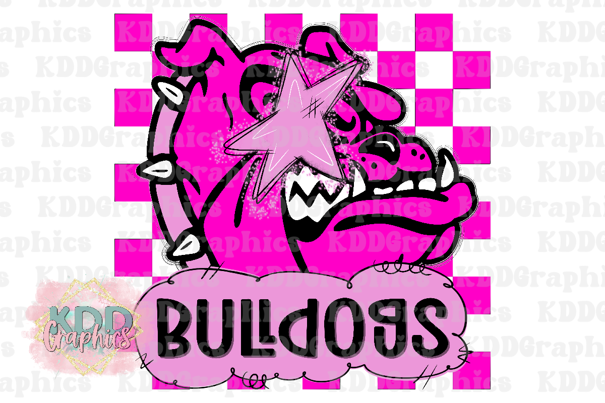 Preppy Pink Bulldogs Mascot - Checkered Star Eyes - Bulldog School Spirit PNG