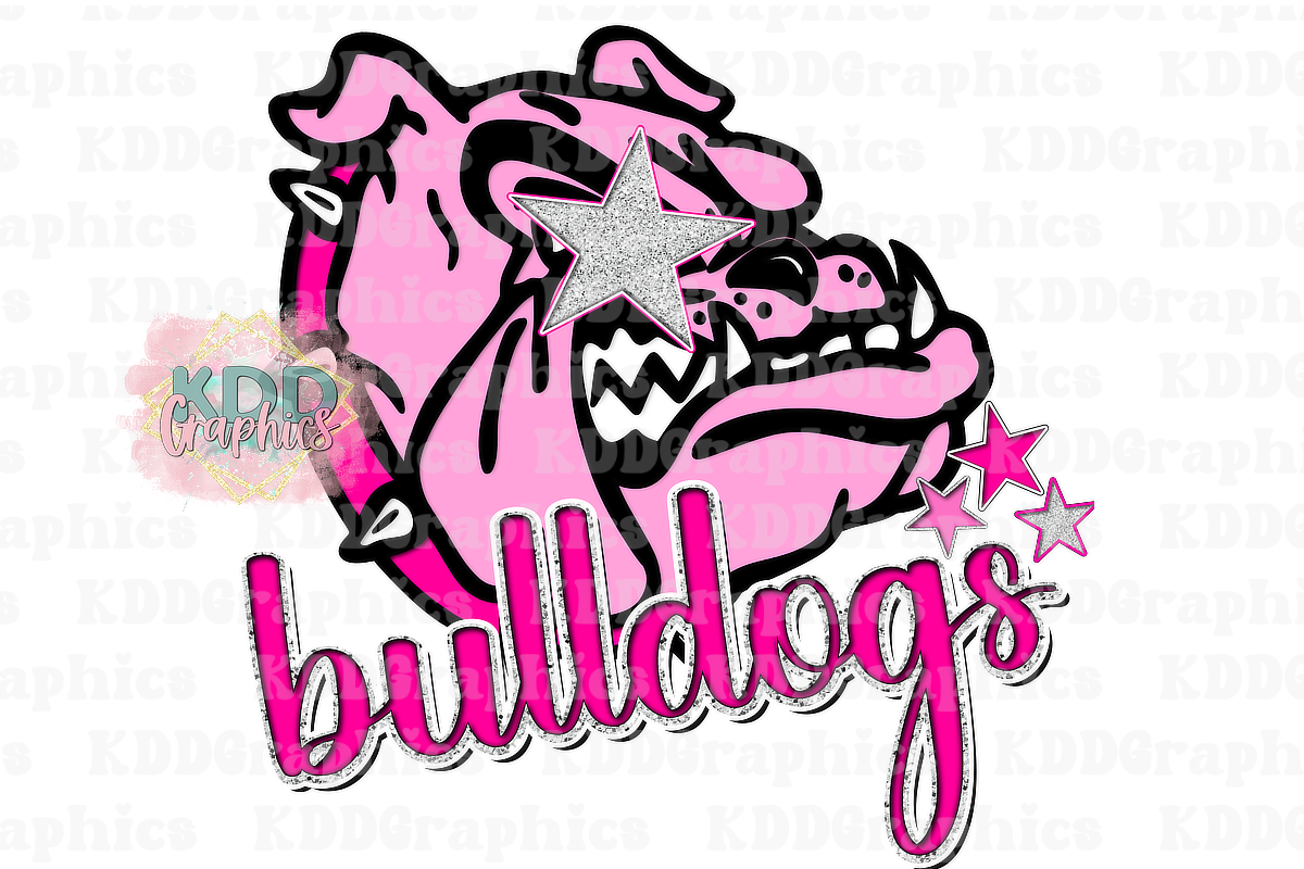 Preppy Pink Bulldogs Mascot Head - Silver Glitter Star Eyes - Bulldog School Spirit PNG