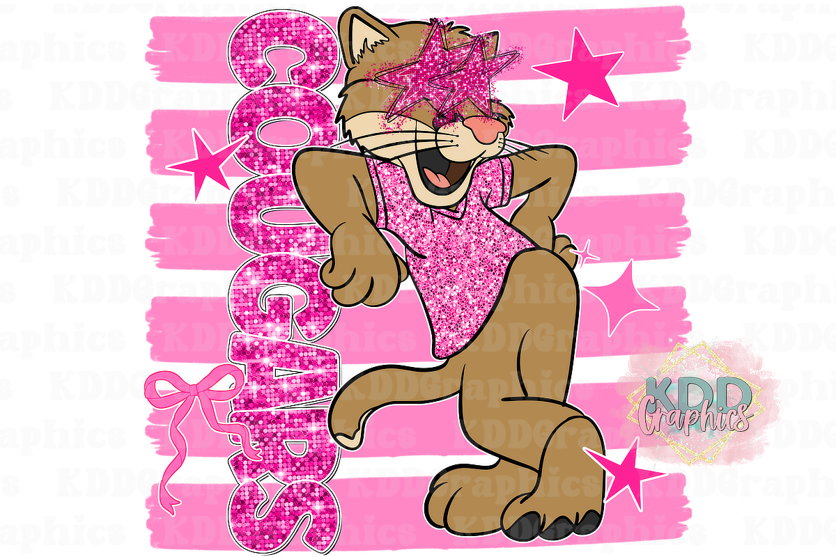 Preppy Pink Cougar Mascot Standing - Brushstroke - Cougars School Mascot PNG