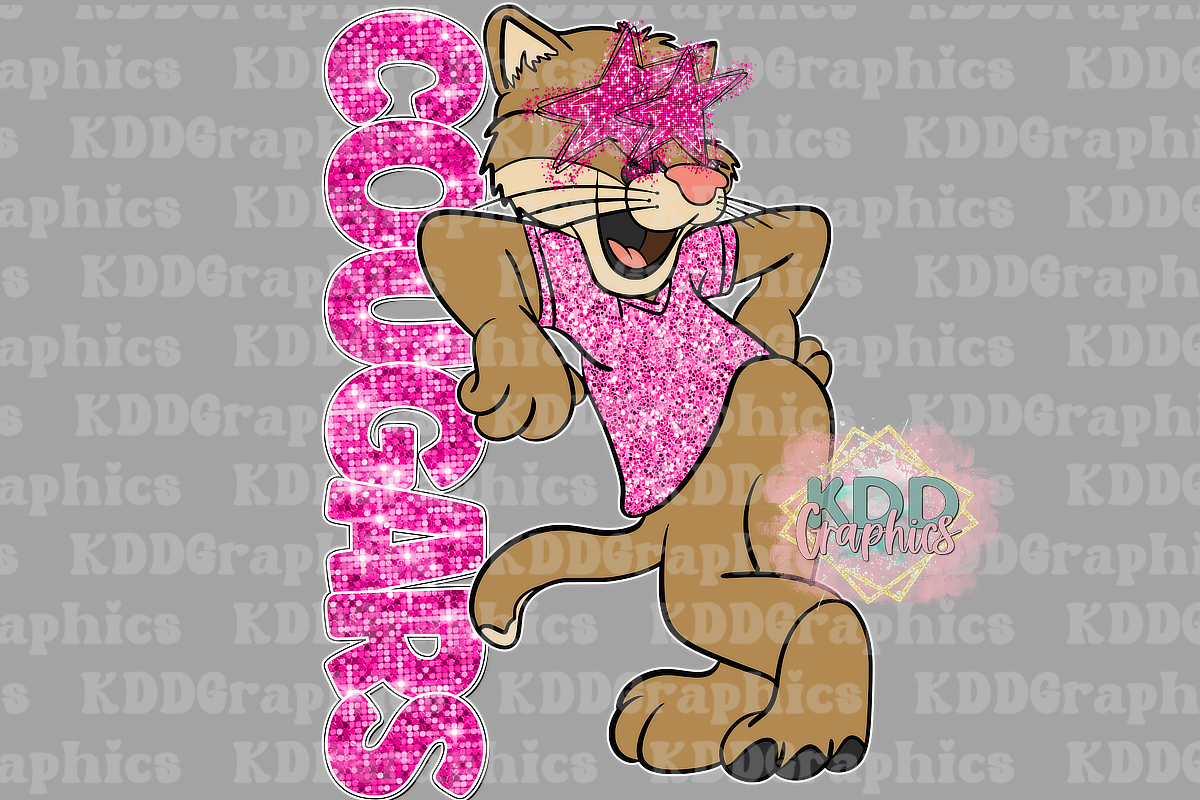 Preppy Pink Cougar Mascot Standing - Star Eyes - Glitter Cougars School Spirit PNG
