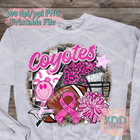 Preppy Pink Coyote Mascot - Pink Ribbon Football Cheer - Coyotes School Spirit PNG