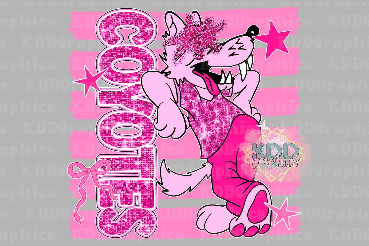 Preppy Pink Coyotes Mascot Standing - Brushstroke Stars - Coyote School Spirit PNG