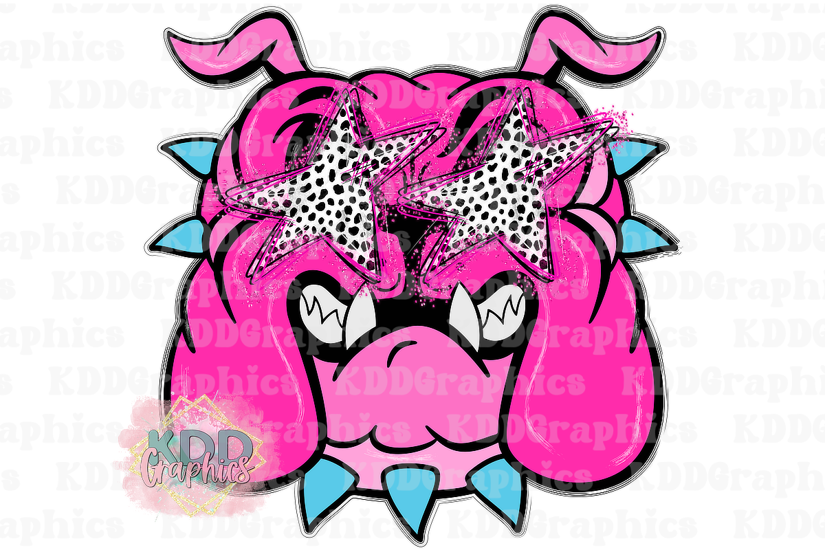 Preppy Pink Doodle Bulldog Mascot Head - Dots Star Eyes - Bulldog School Spirit PNG