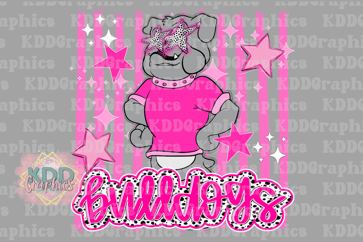 Preppy Pink Doodle Bulldog mascot Standing Stars Brush Strokes - Bulldogs School Spirit PNG