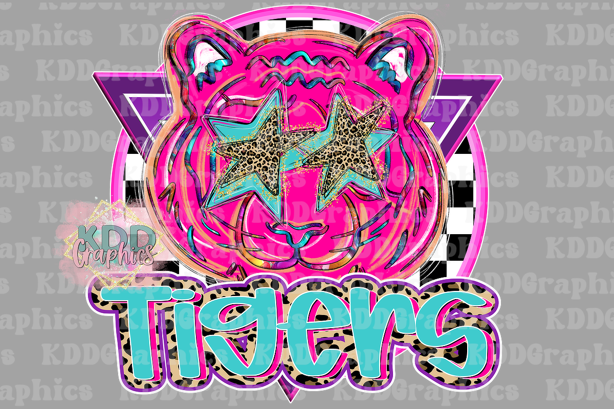 Preppy Pink Doodle Tiger Mascot Face - Tigers School Spirit PNG