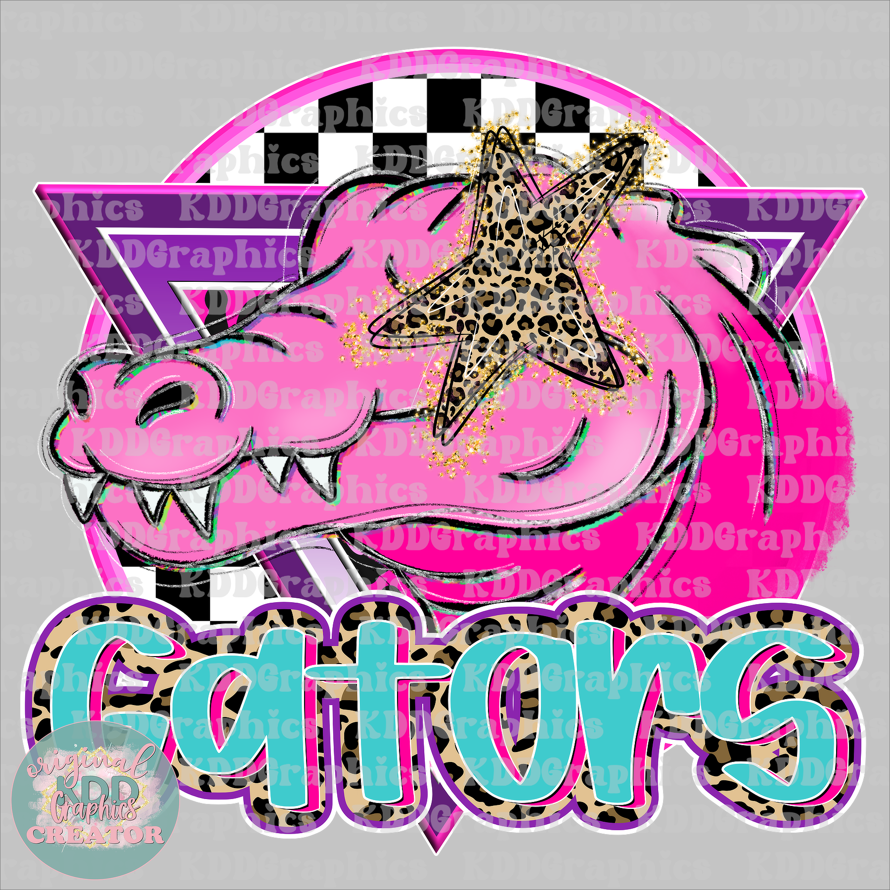 Preppy Pink Gator Mascot Head - Cheetah Star Eyes - Gators Alligators School Spirit PNG