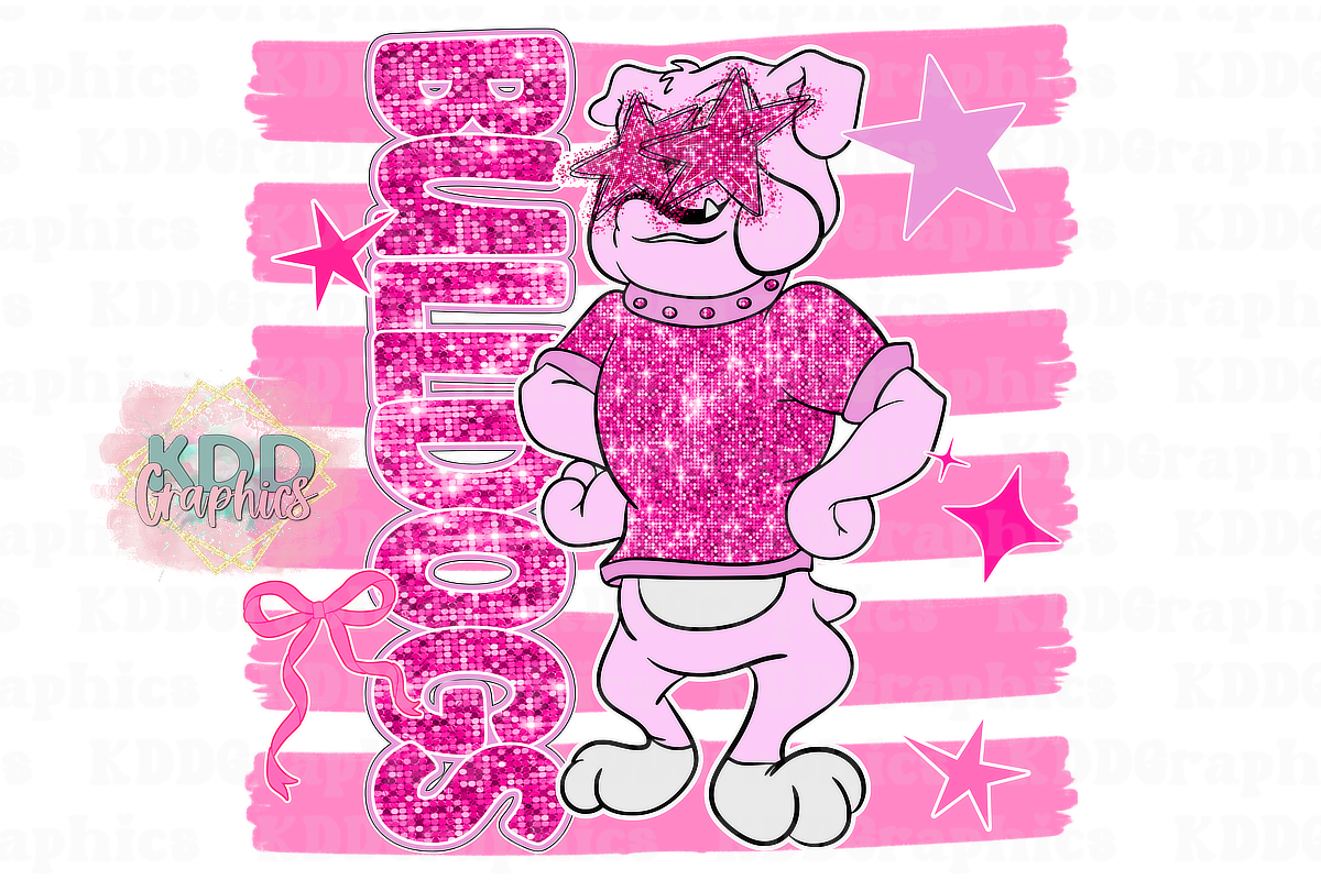 Preppy Pink Glitter Bulldogs Mascot Standing - Brushstroke - Bulldog School Spirit PNG