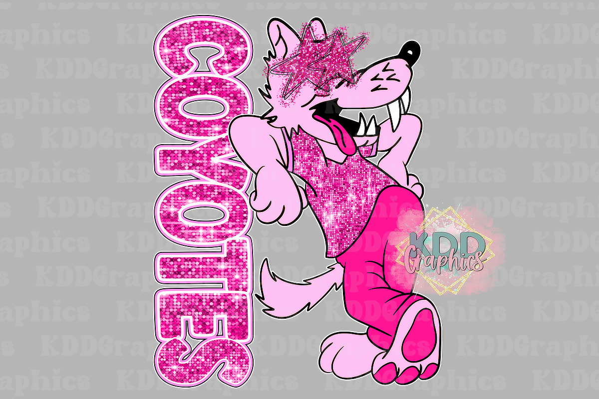 Preppy Pink Glitter Coyotes Mascot Standing - Star Eyes - Coyote School Spirit PNG
