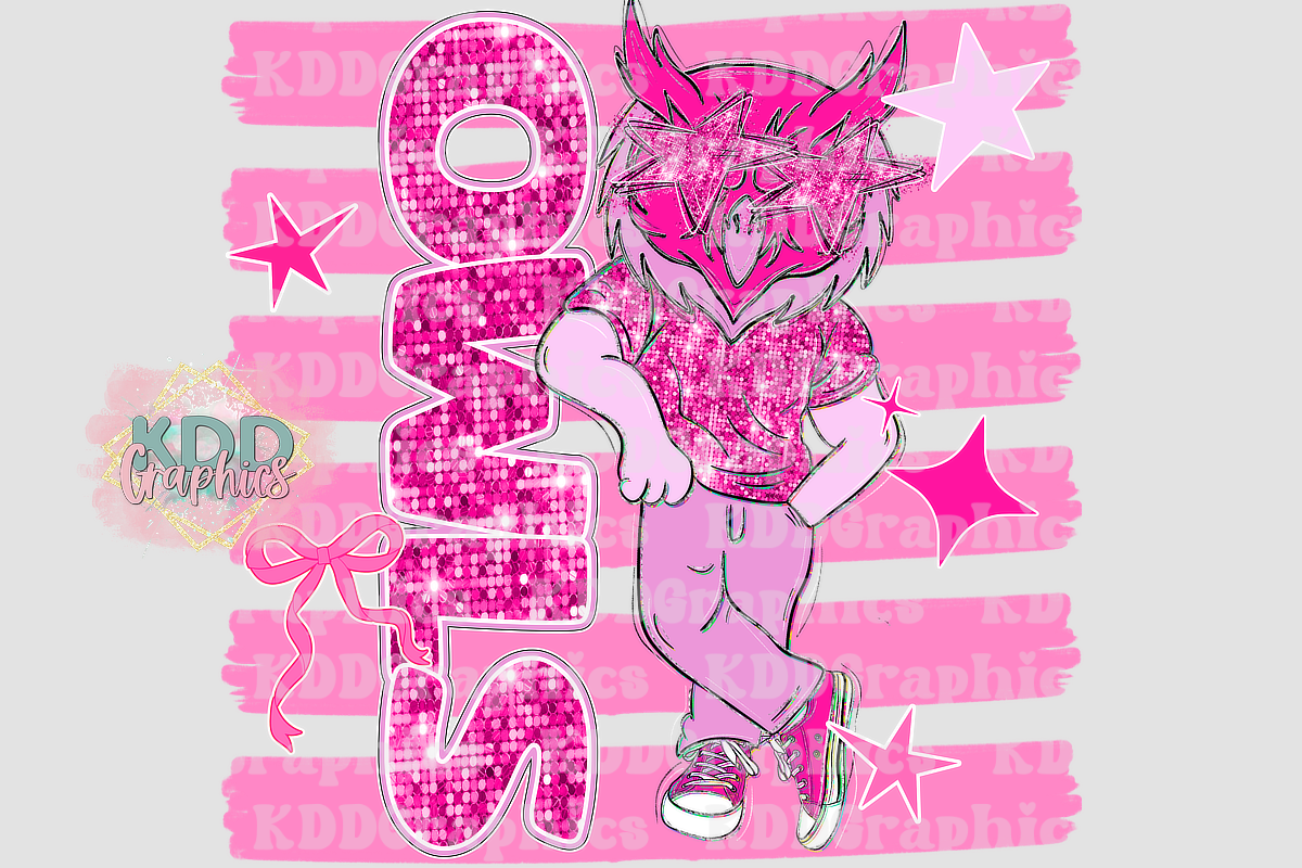 Preppy Pink Glitter Owls Mascot Standing - Brushstroke - Owl School Spirit PNG