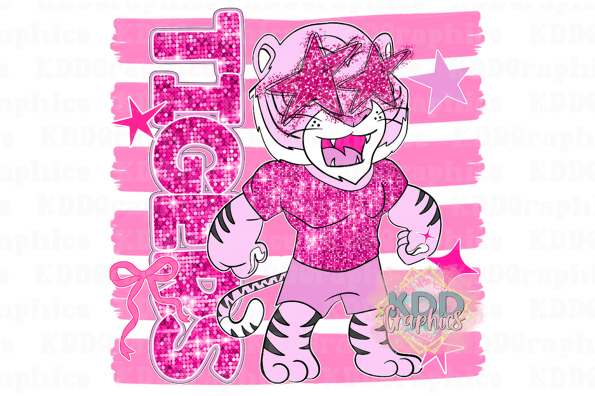 Preppy Pink Glitter Tigers Mascot - Brushstroke - Tiger School Mascot PNG