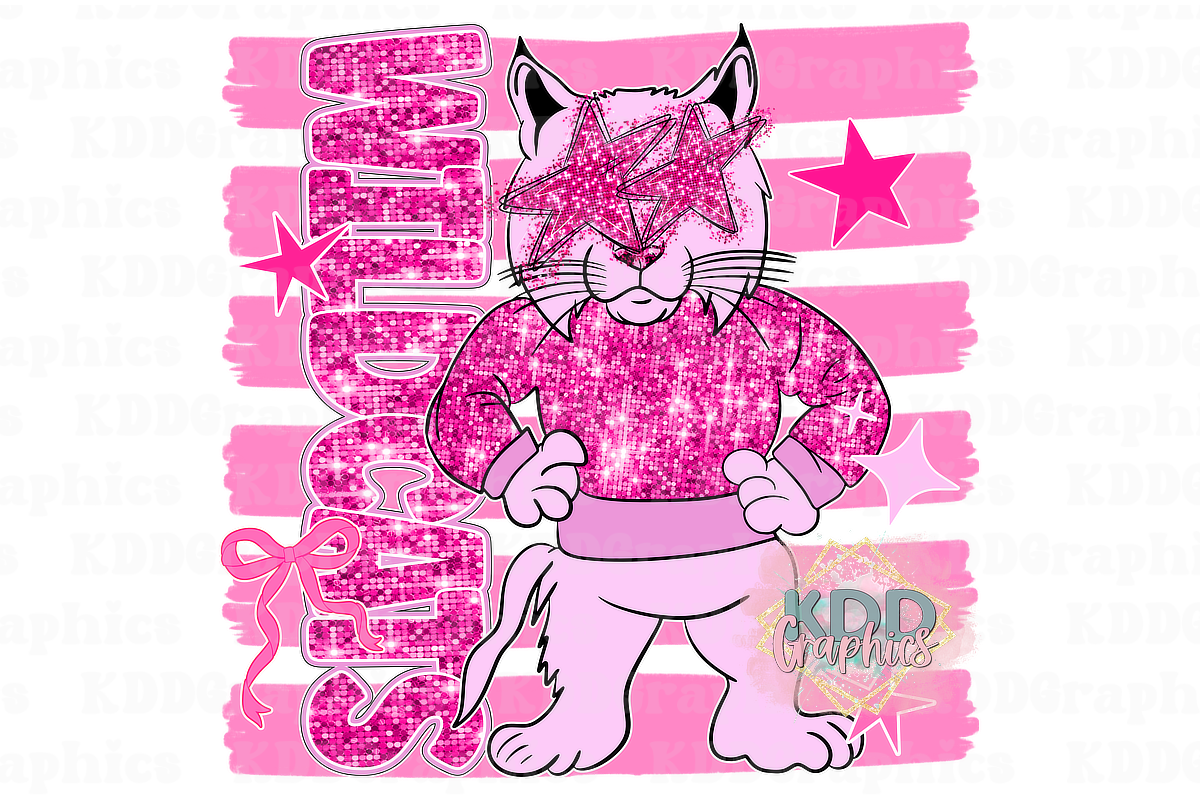 Preppy Pink Glitter Wildcats Mascot - Brushstrokes - Wildcat School Spirit PNG