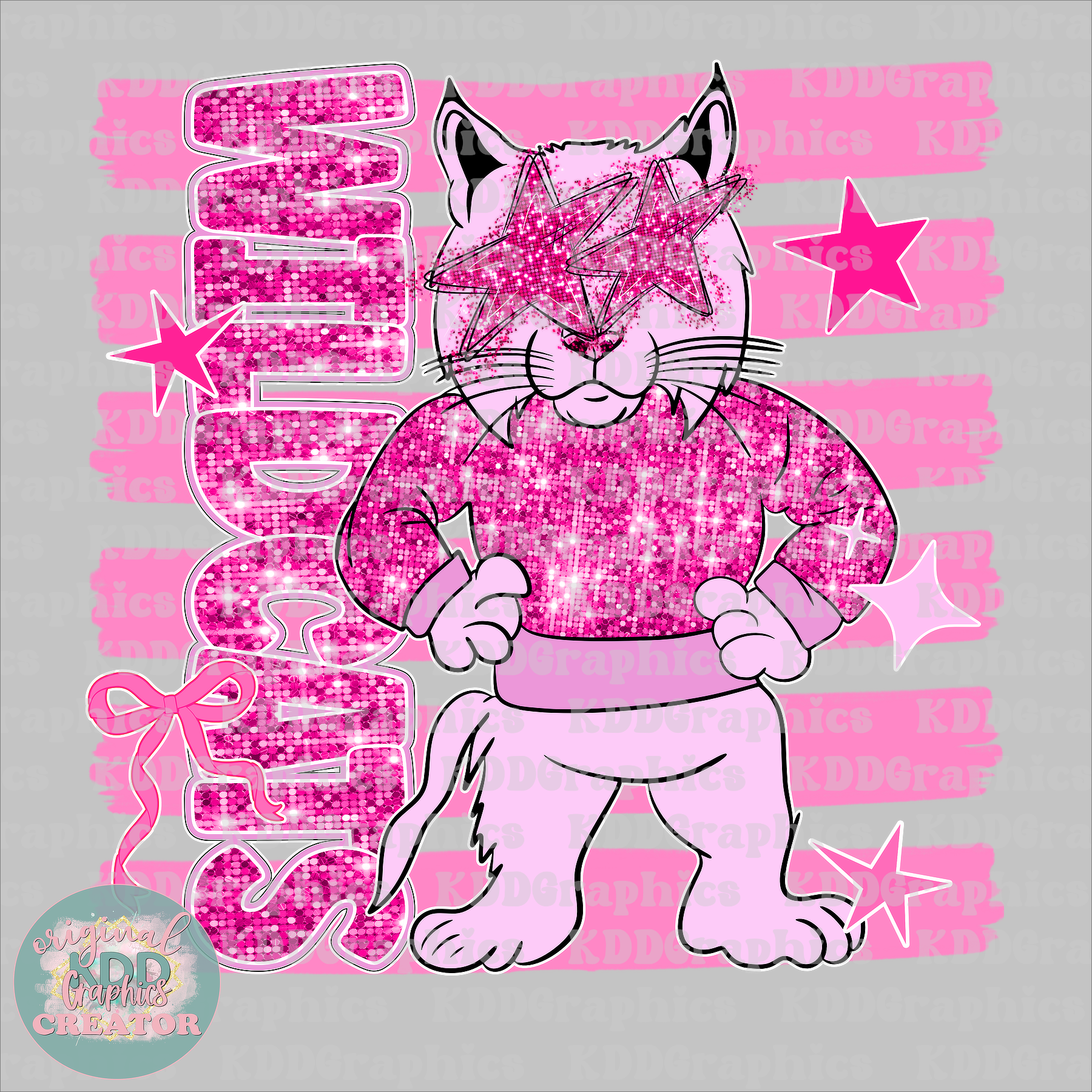 Preppy Pink Glitter Wildcats Mascot - Brushstrokes - Wildcat School Spirit PNG