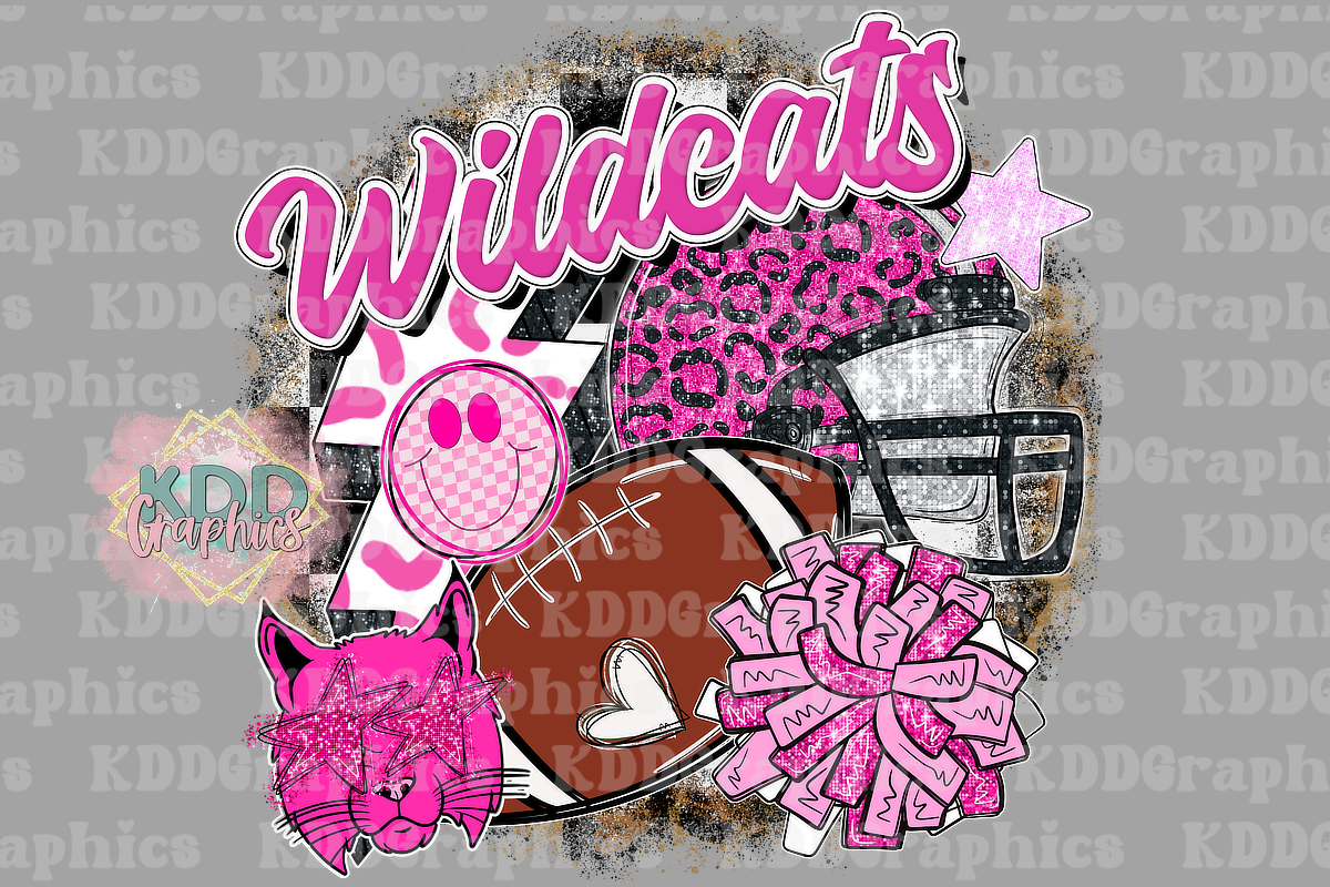 Preppy Pink Glitter Wildcats Mascot Head - Football Cheer - Wildcat School Spirit PNG