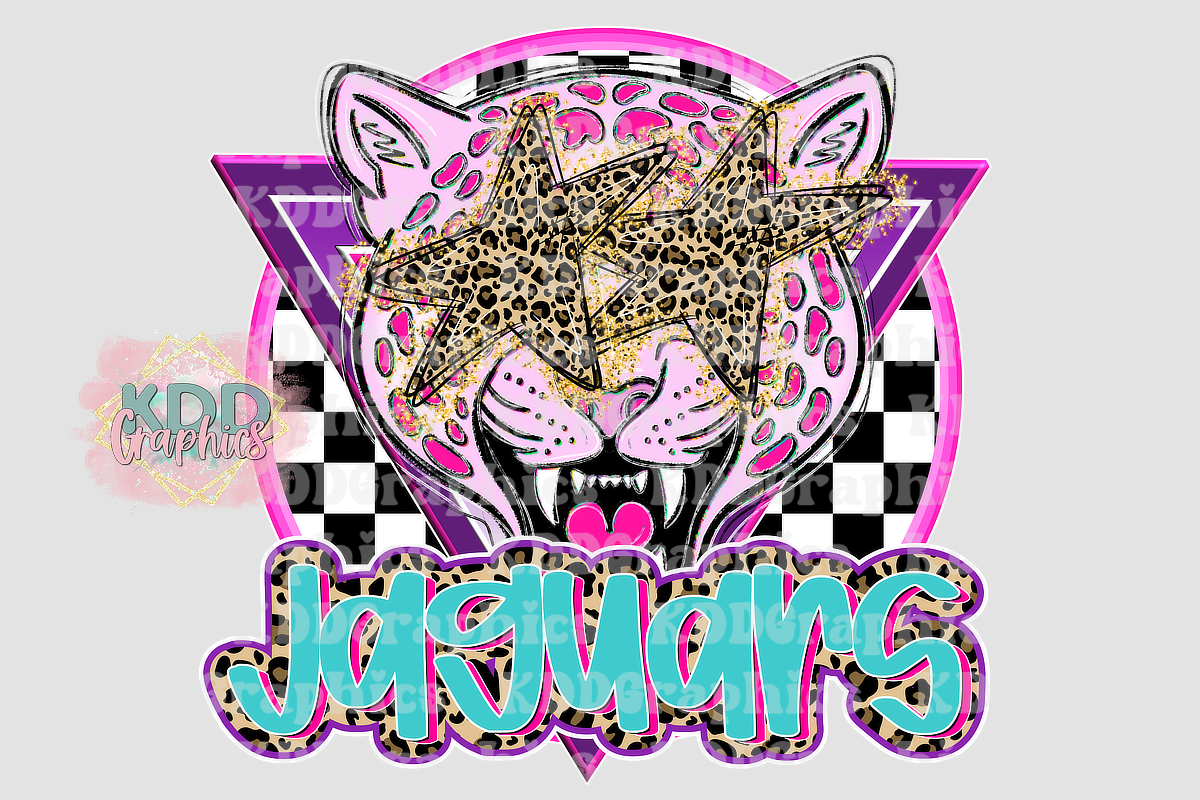 Preppy Pink Jaguars Mascot Head - Cheetah Star Eyes - Jaguar School Spirit PNG