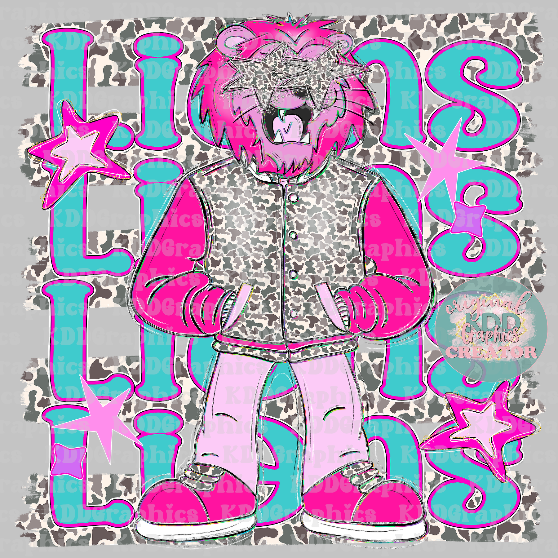 Preppy Pink Lion Mascot - Camo Brushstrokes - Lions School Spirit PNG