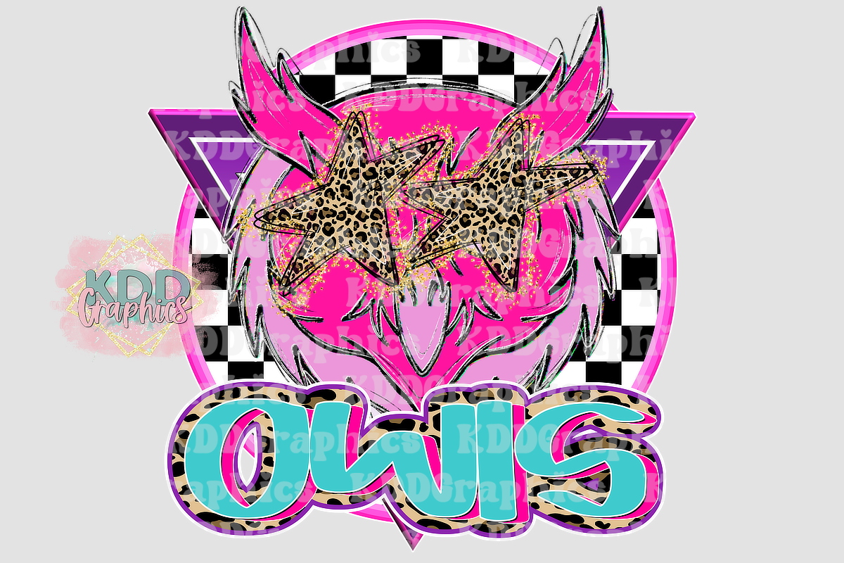 Preppy Pink Owls Mascot Head - Cheetah Star Eyes - Owl School Spirit PNG