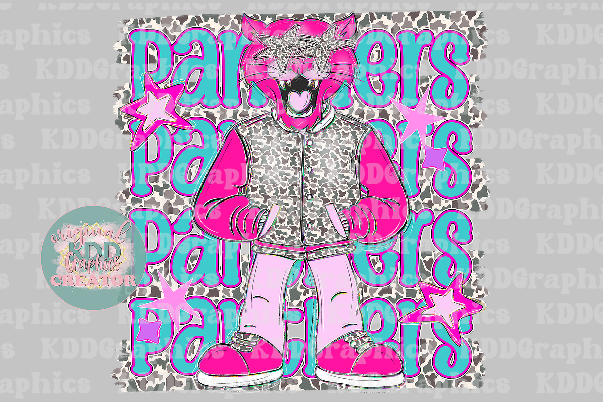 Preppy Pink Panther Blue Devils Mascot - Camo Brushstrokes - Panthers School Spirit PNG