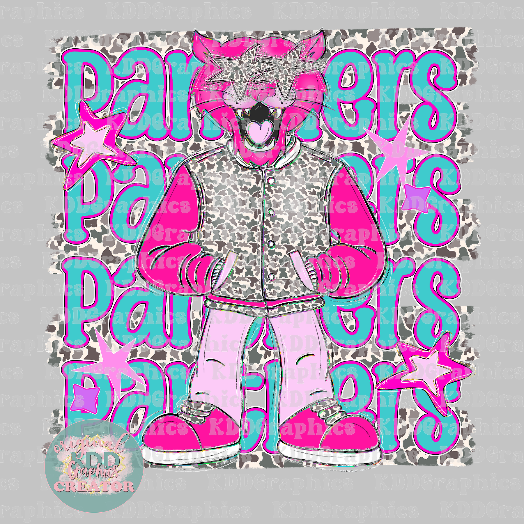 Preppy Pink Panther Mascot - Camo Brushstrokes - Panthers School Spirit PNG