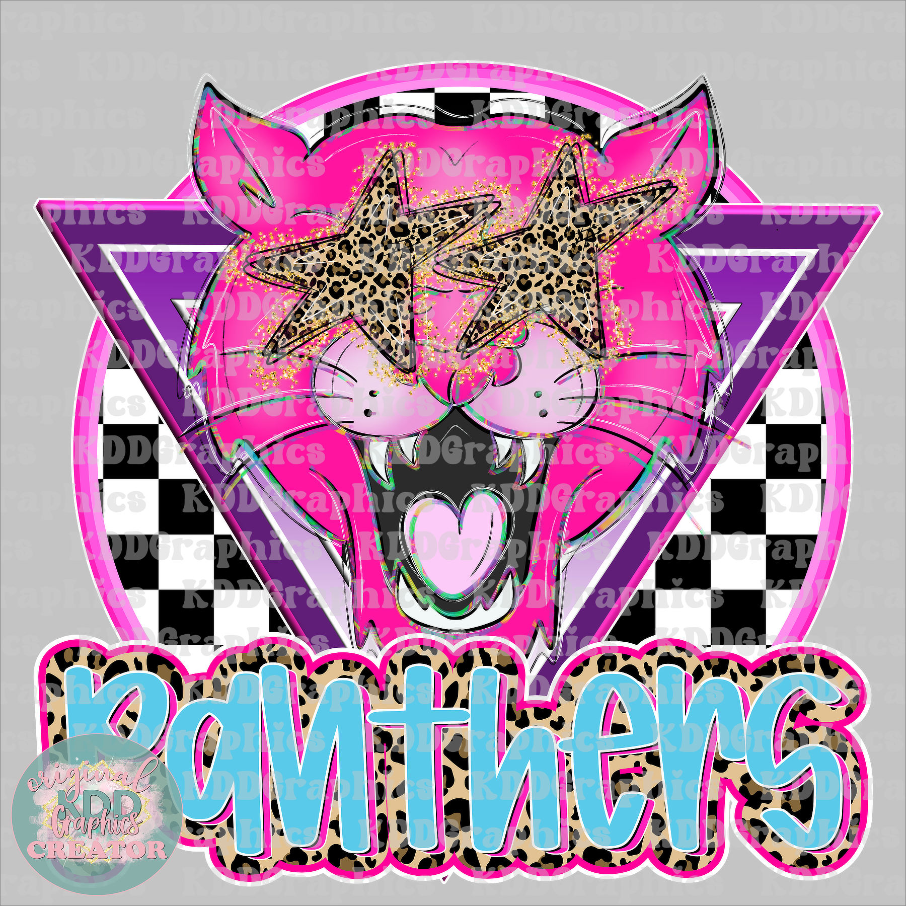 Preppy Pink Panther Mascot Head - Cheetah Star Eyes - Panthers School Spirit PNG