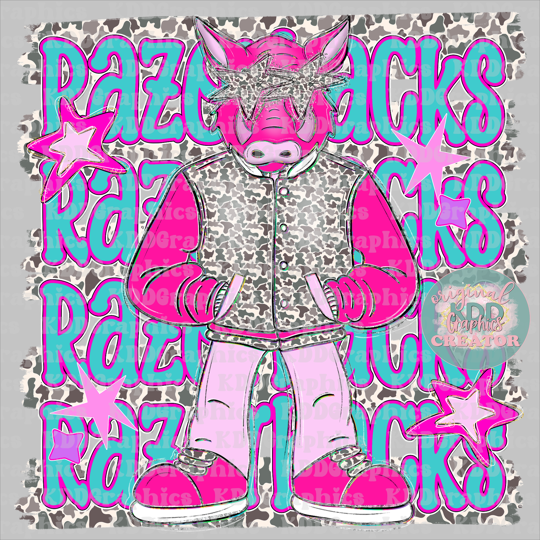 Preppy Pink Razorback Mascot - Camo Brushstrokes - Razorbacks School Spirit PNG