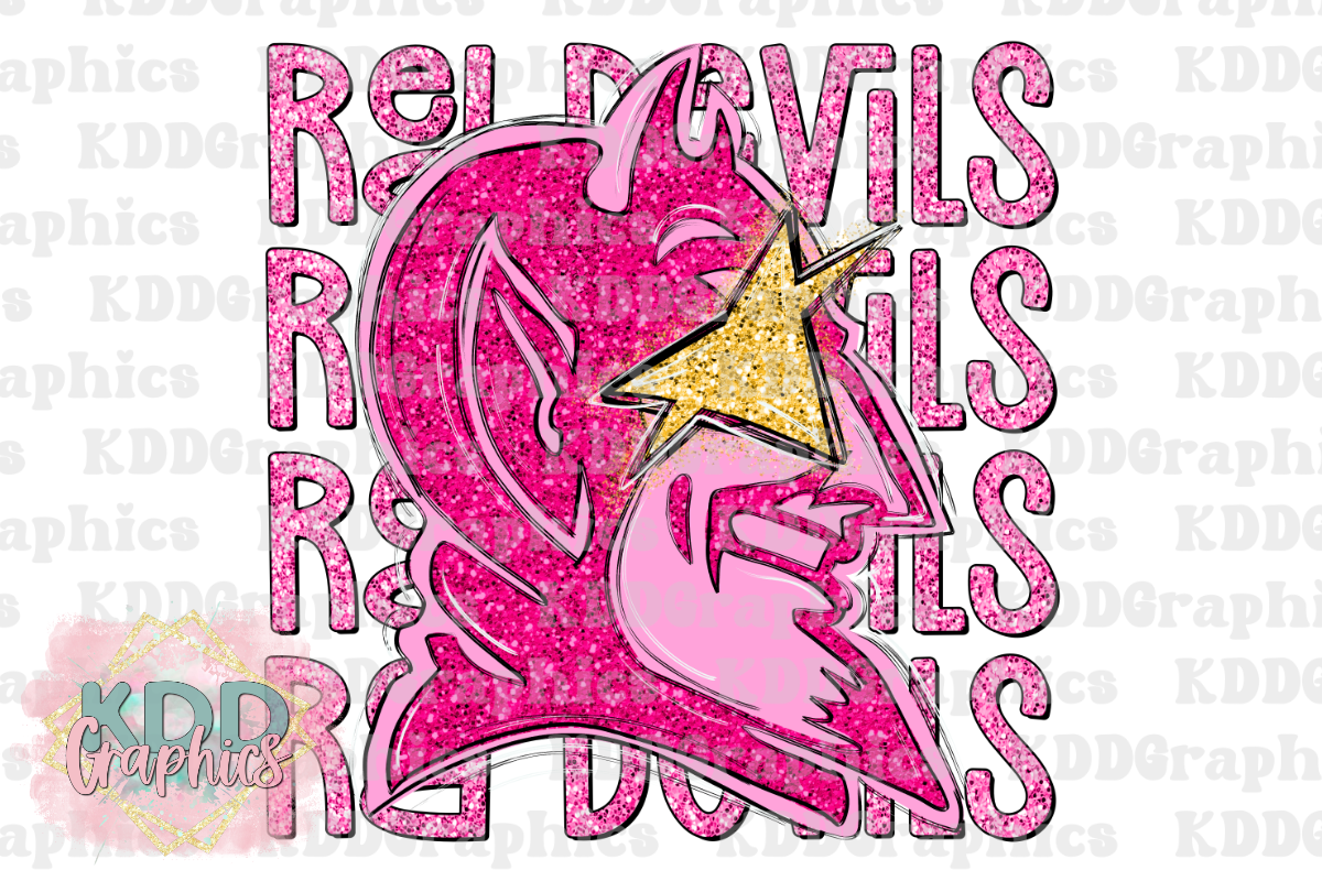 Preppy Pink Red Devils - Gold Glitter Star Eyes - School Spirit PNG