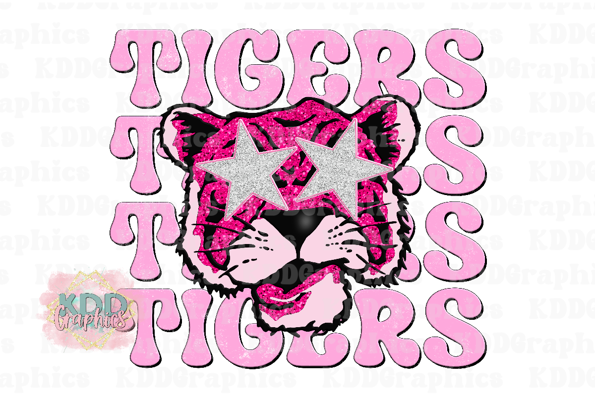 Preppy Pink Tigers Mascot - Star Eyes - Tiger School Spirit PNG