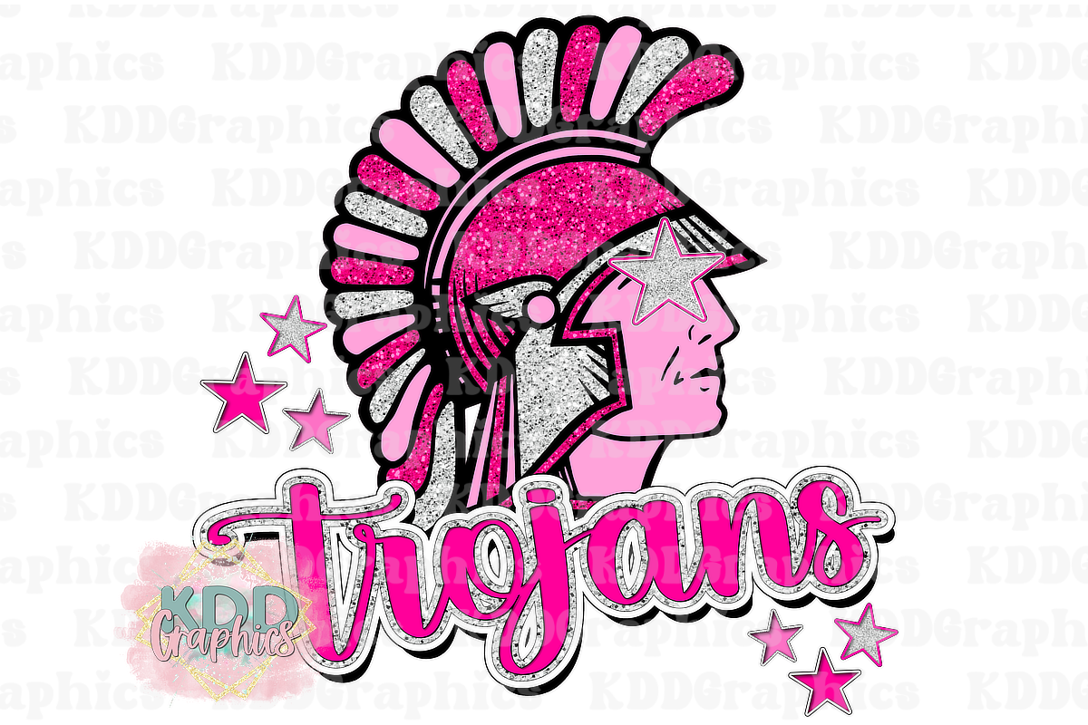Preppy Pink Trojans Mascot Head - Glitter Silver Pink - Trojan School Spirit PNG