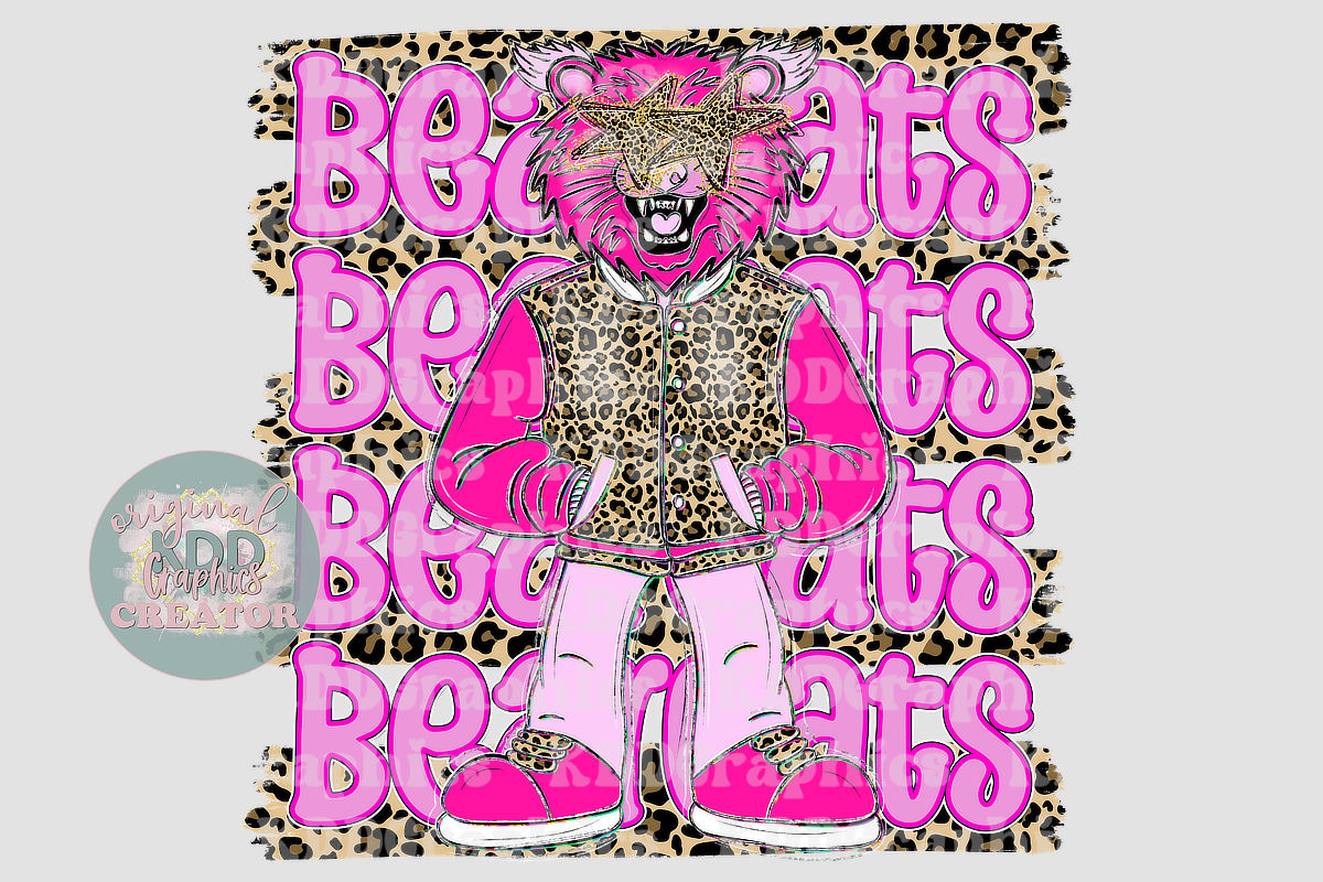 Preppy Pink Varsity Bear Mascot - Cheetah Brushstrokes - Bears School Spirit PNG