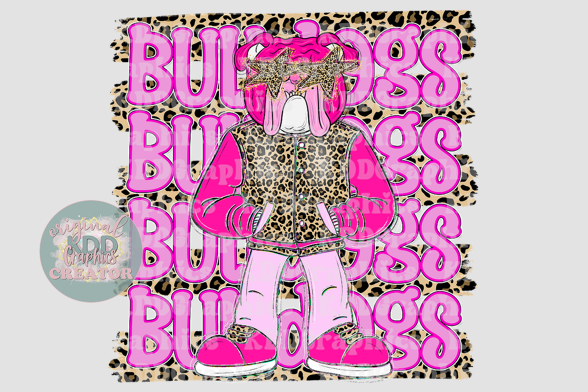 Preppy Pink Varsity Bulldog Mascot - Cheetah Brushstrokes - Bulldogs School Spirit PNG
