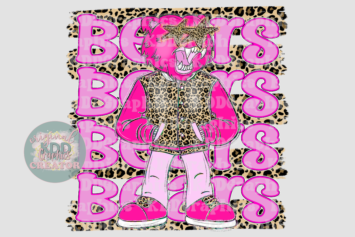 Preppy Pink Varsity Bear Mascot - Cheetah Brushstrokes - Bears School Spirit PNG