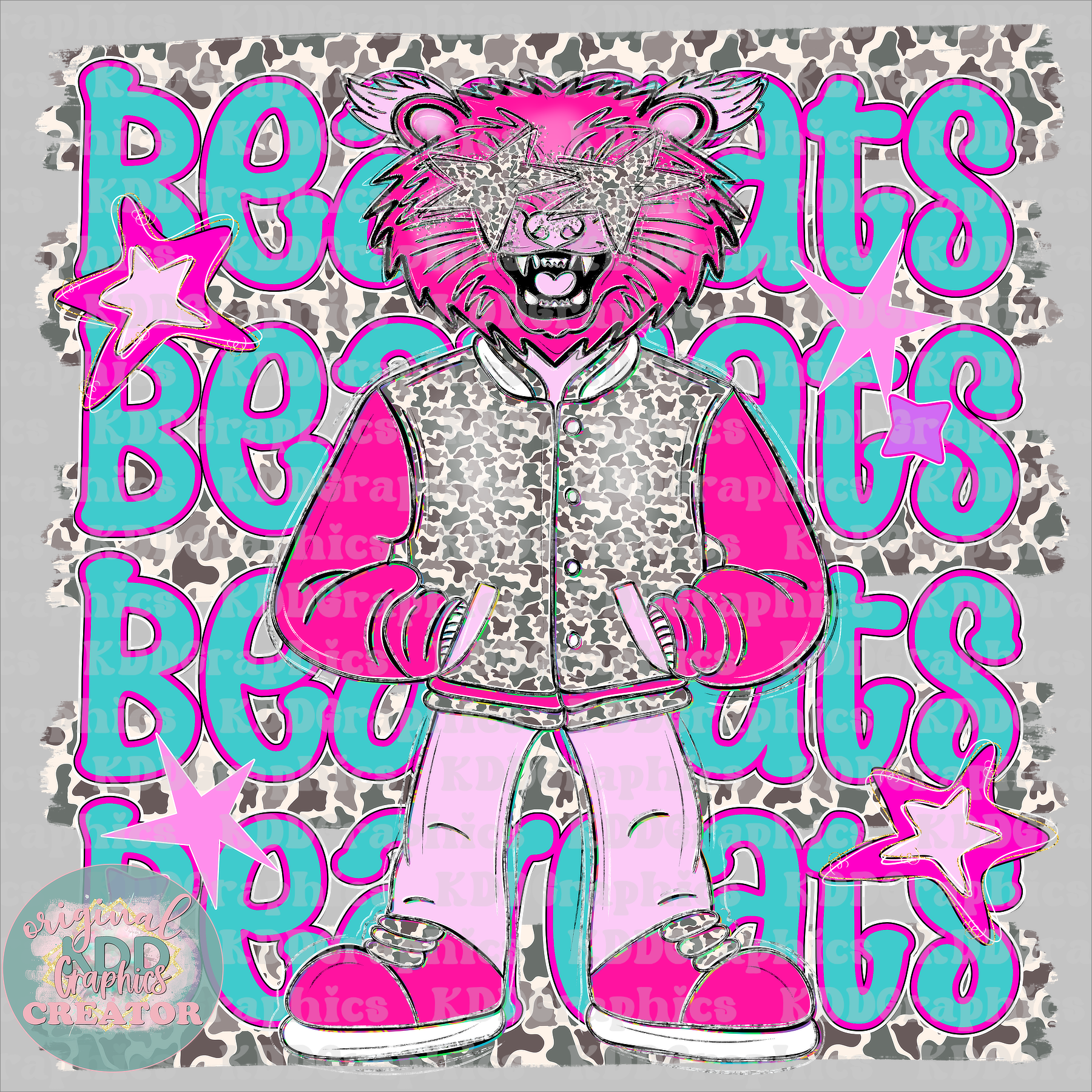 Preppy Pink Varsity Bearcats Mascot - Camo Brushstrokes - Bearcat School Spirit PNG