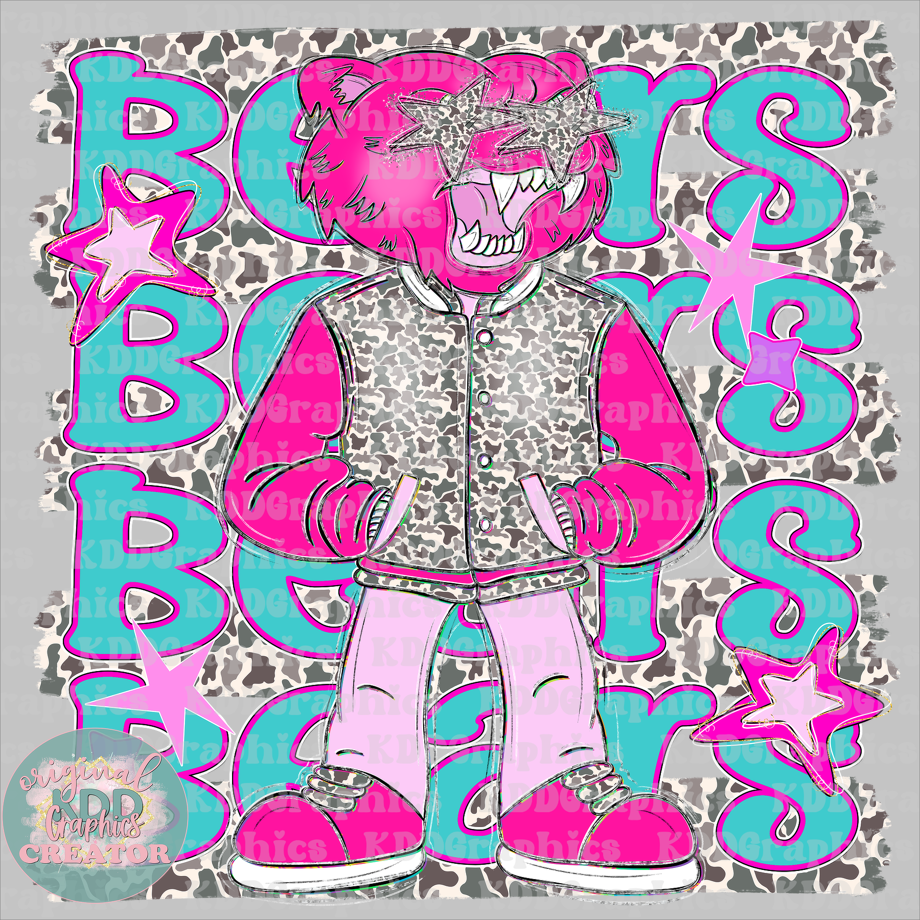 Preppy Pink Varsity Bears Mascot - Camo Brushstrokes - Bear School Spirit PNG