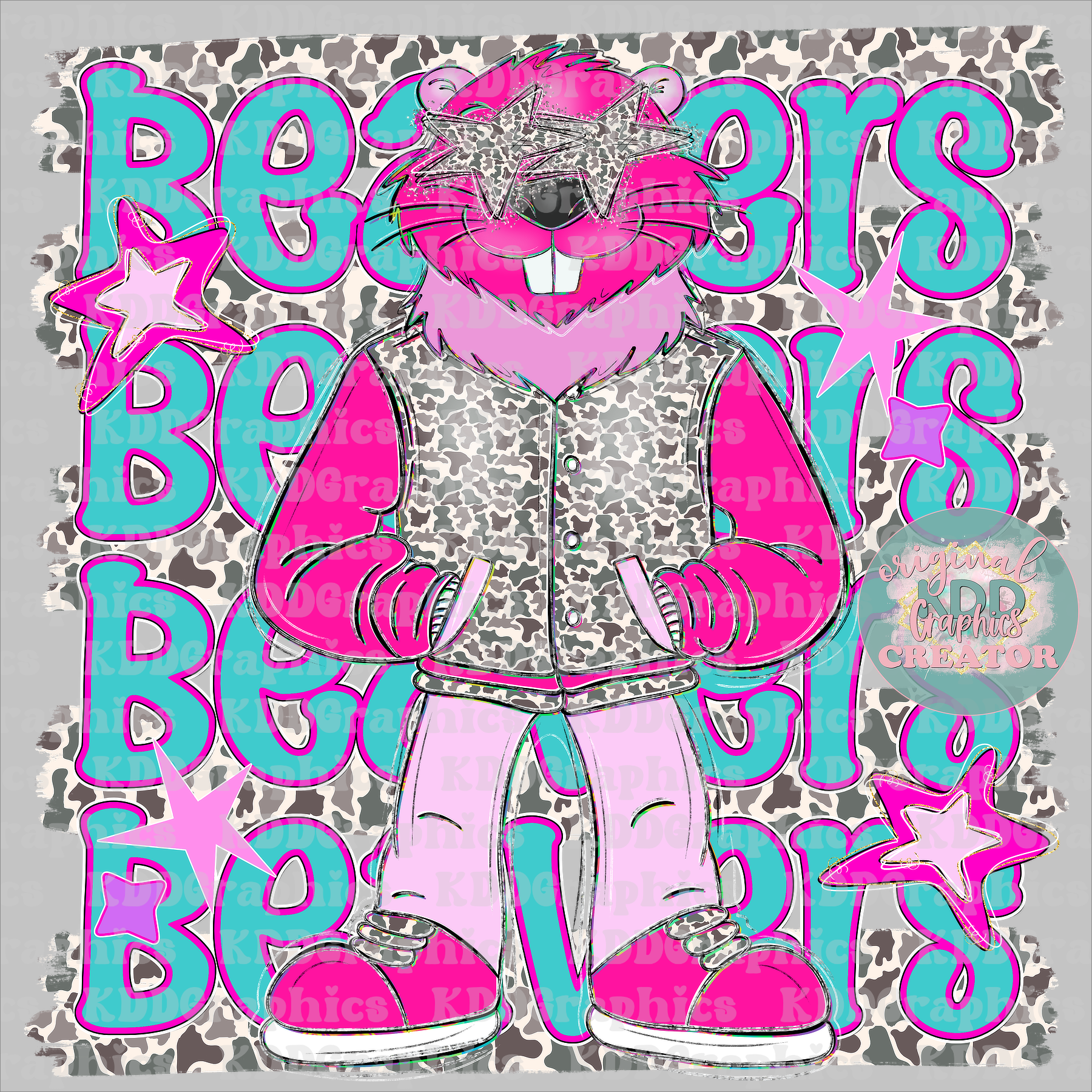 Preppy Pink Varsity Beavers Mascot - Camo Brushstrokes - Beaver School Spirit PNG
