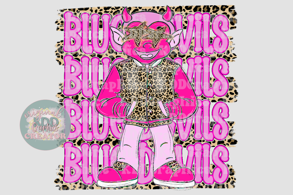 Preppy Pink Varsity Blue Devil Mascot - Cheetah Brushstrokes - Blue Devils School Spirit PNG
