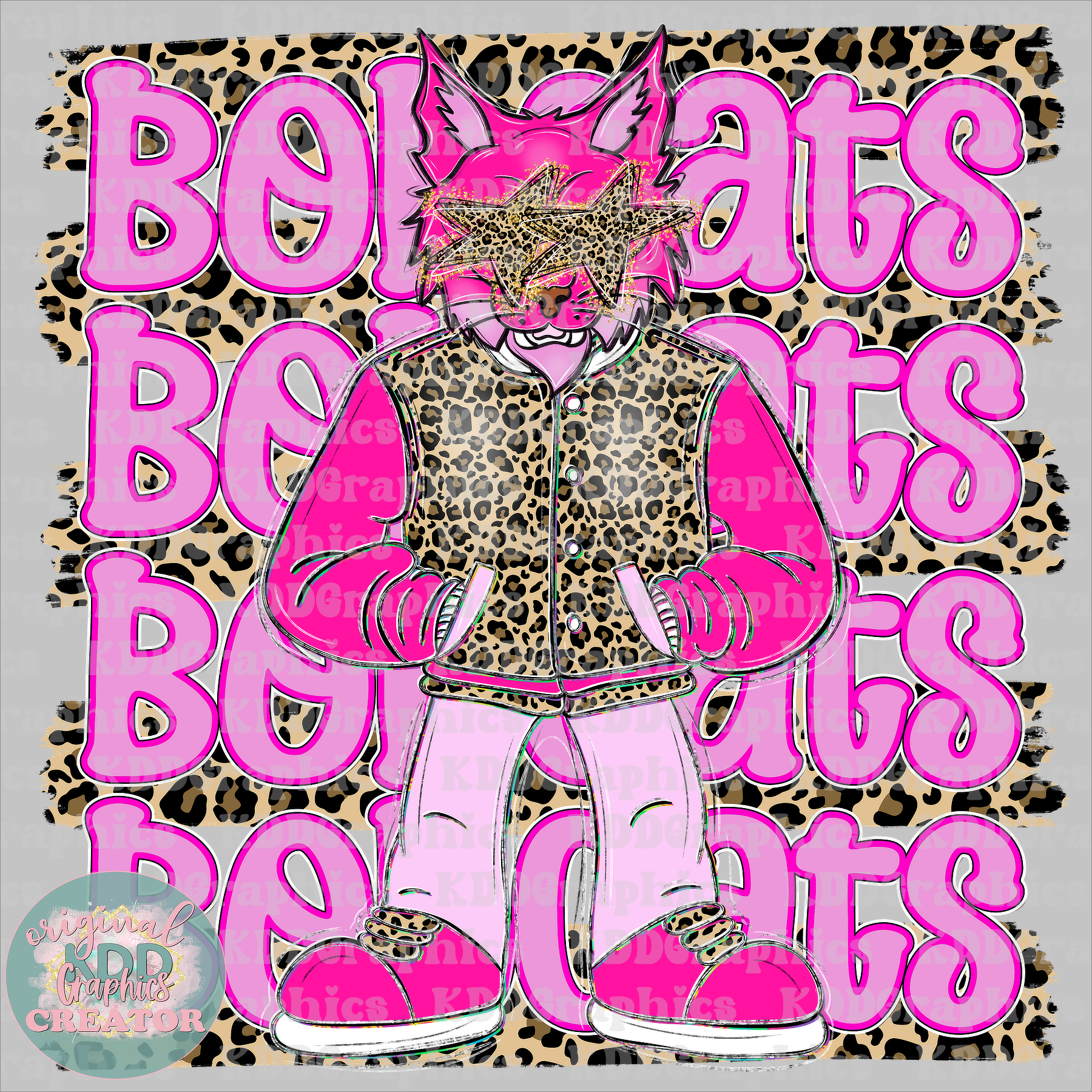 Preppy Pink Varsity Bobcat Mascot - Cheetah Brushstrokes - Bobcats School Spirit PNG