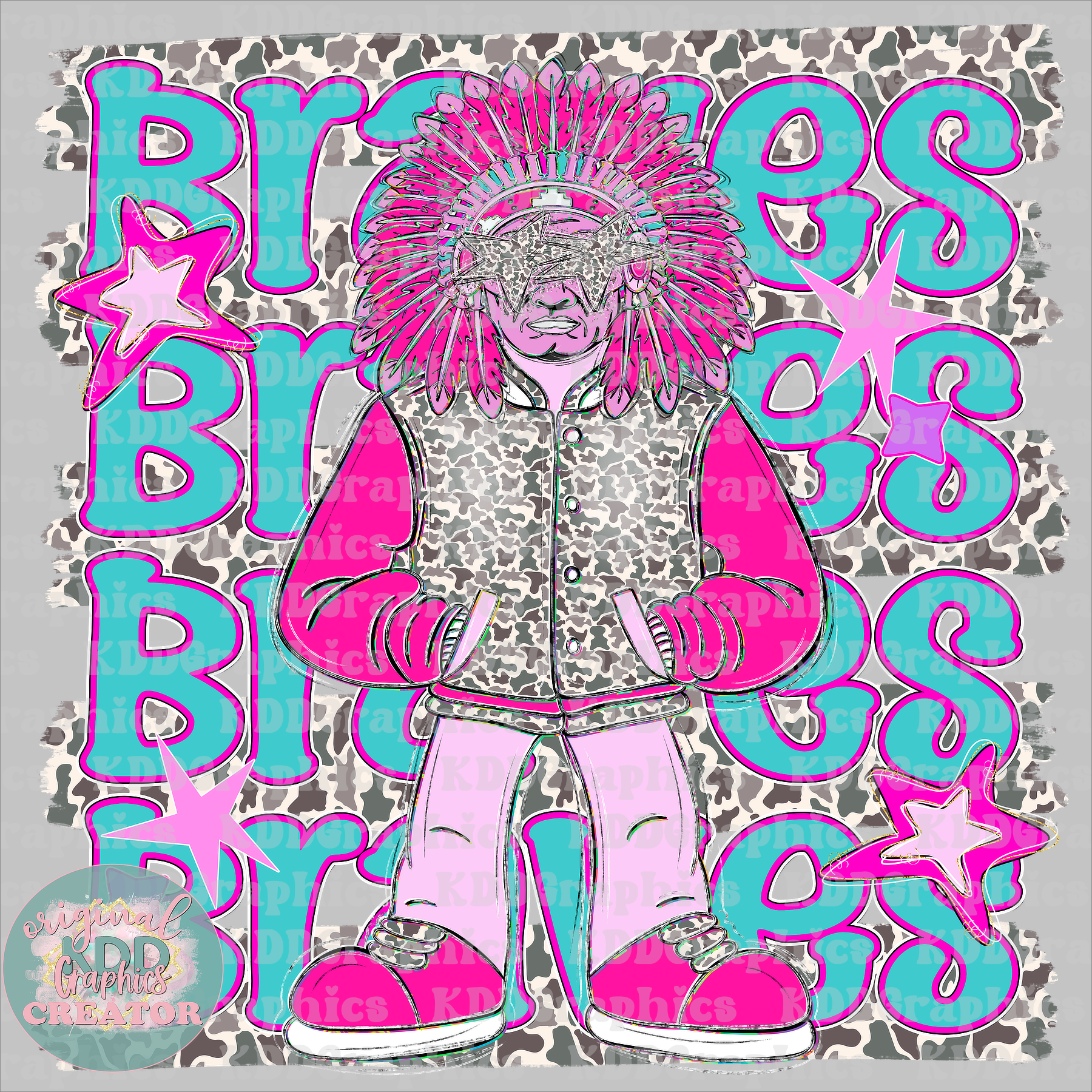 Preppy Pink Varsity Braves Mascot - Camo Brushstrokes - Braves School Spirit PNG