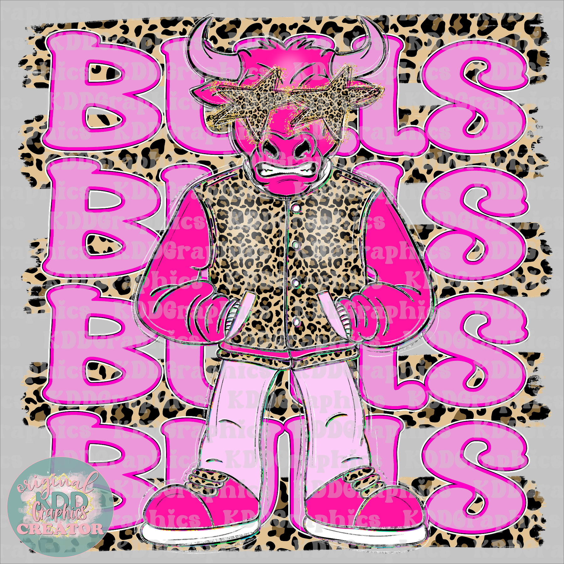 Preppy Pink Varsity Bull Mascot - Cheetah Brushstrokes - Bulls School Spirit PNG