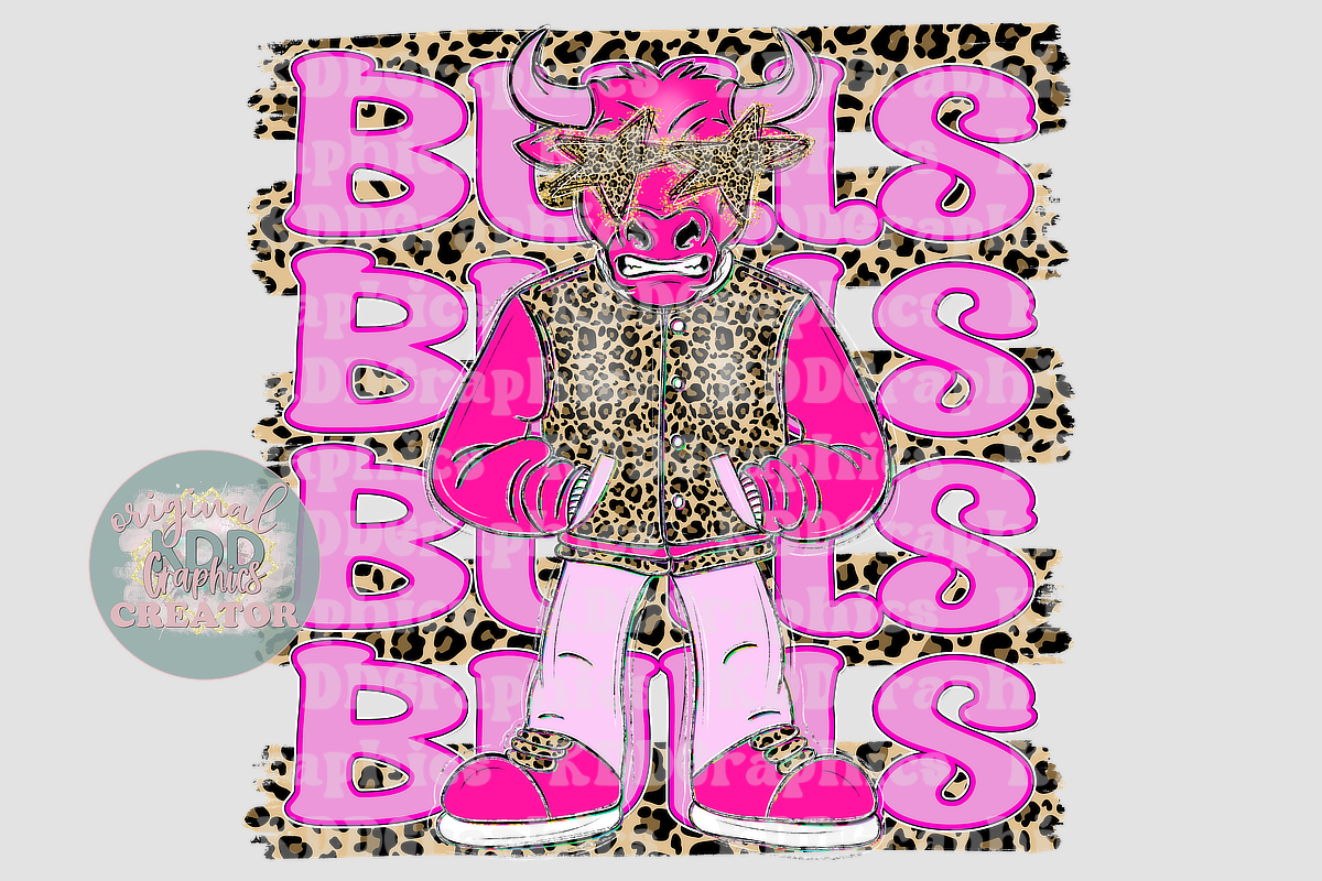 Preppy Pink Varsity Bull Mascot - Cheetah Brushstrokes - Bulls School Spirit PNG