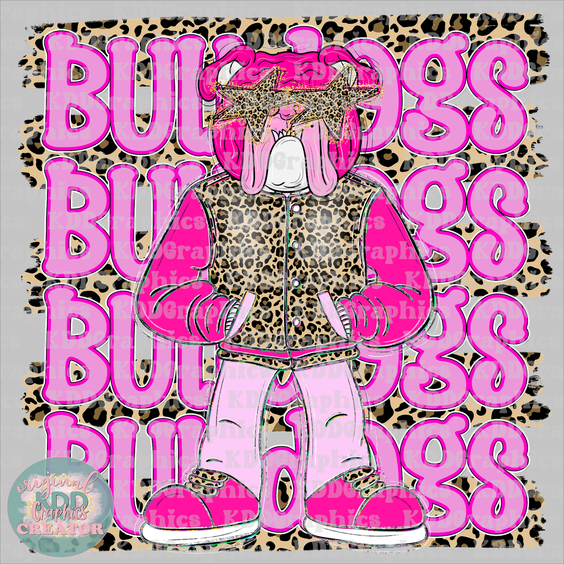 Preppy Pink Varsity Bulldog Mascot - Cheetah Brushstrokes - Bulldogs School Spirit PNG