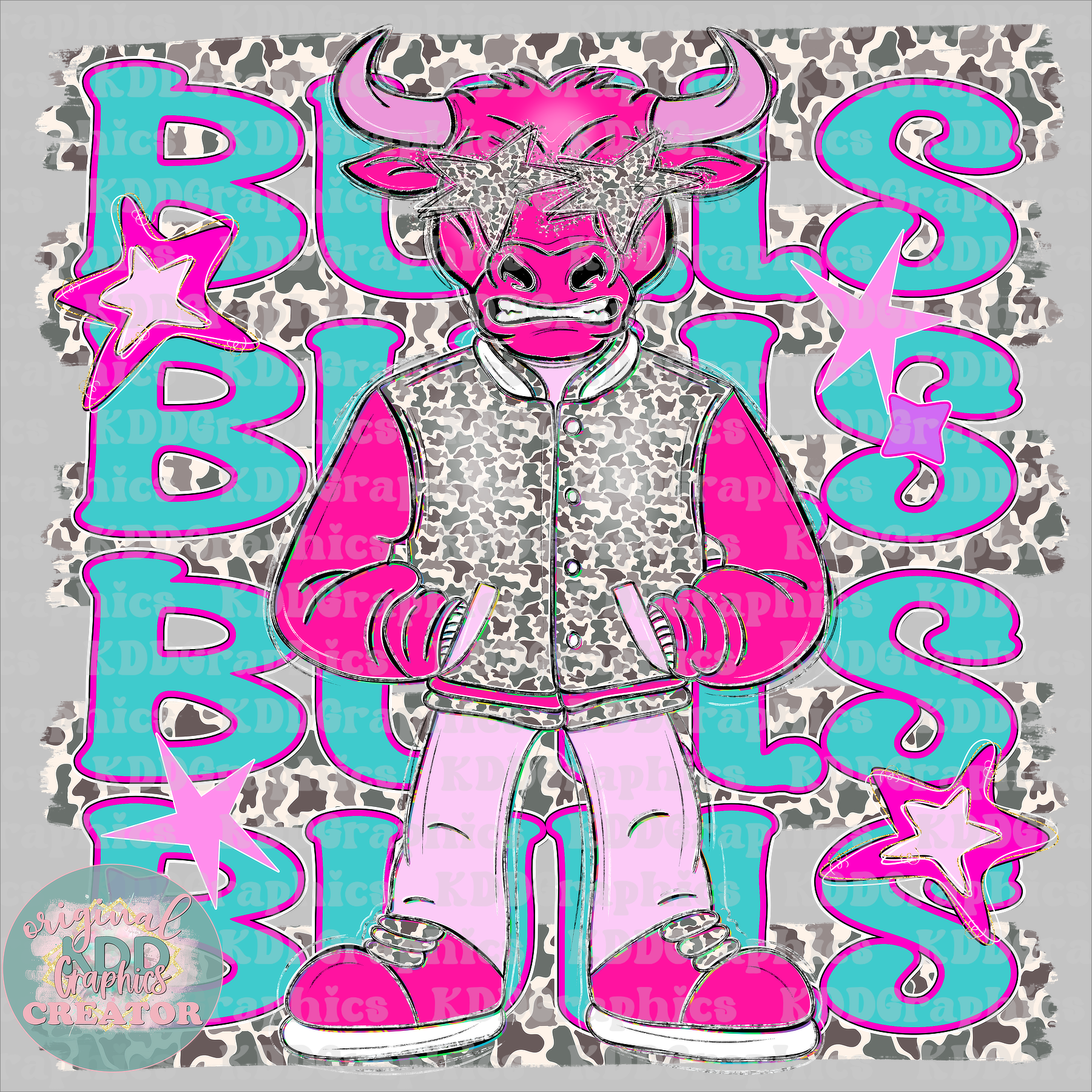 Preppy Pink Varsity Bulls Mascot - Camo Brushstrokes - Bull School Spirit PNG