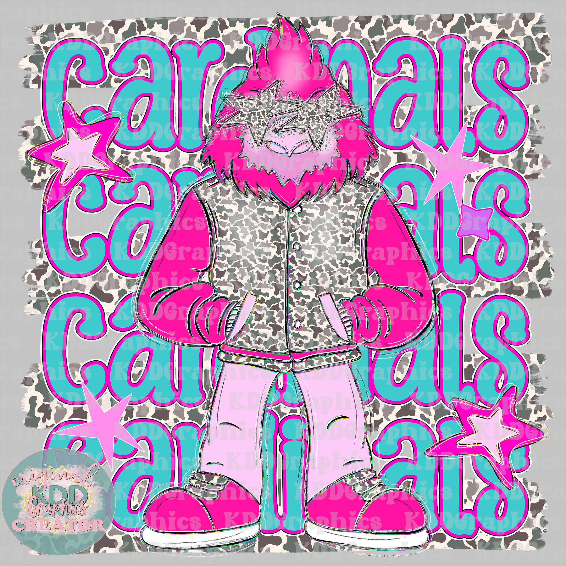 Preppy Pink Varsity Cardinals Mascot - Camo Brushstrokes - Cardinal School Spirit PNG