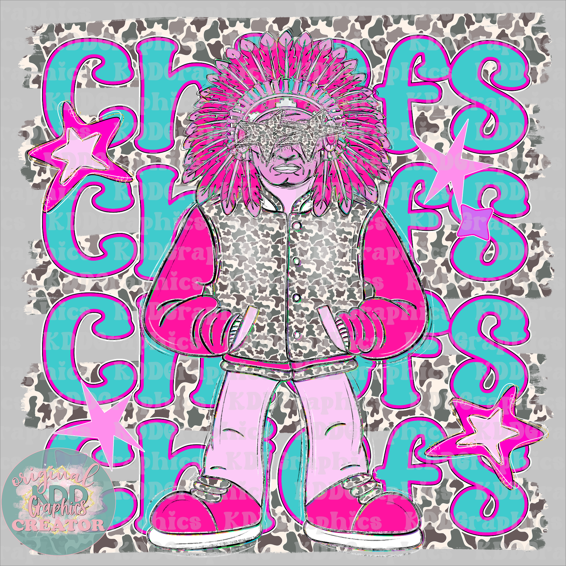 Preppy Pink Varsity Chiefs Mascot - Camo Brushstrokes - Chief School Spirit PNG