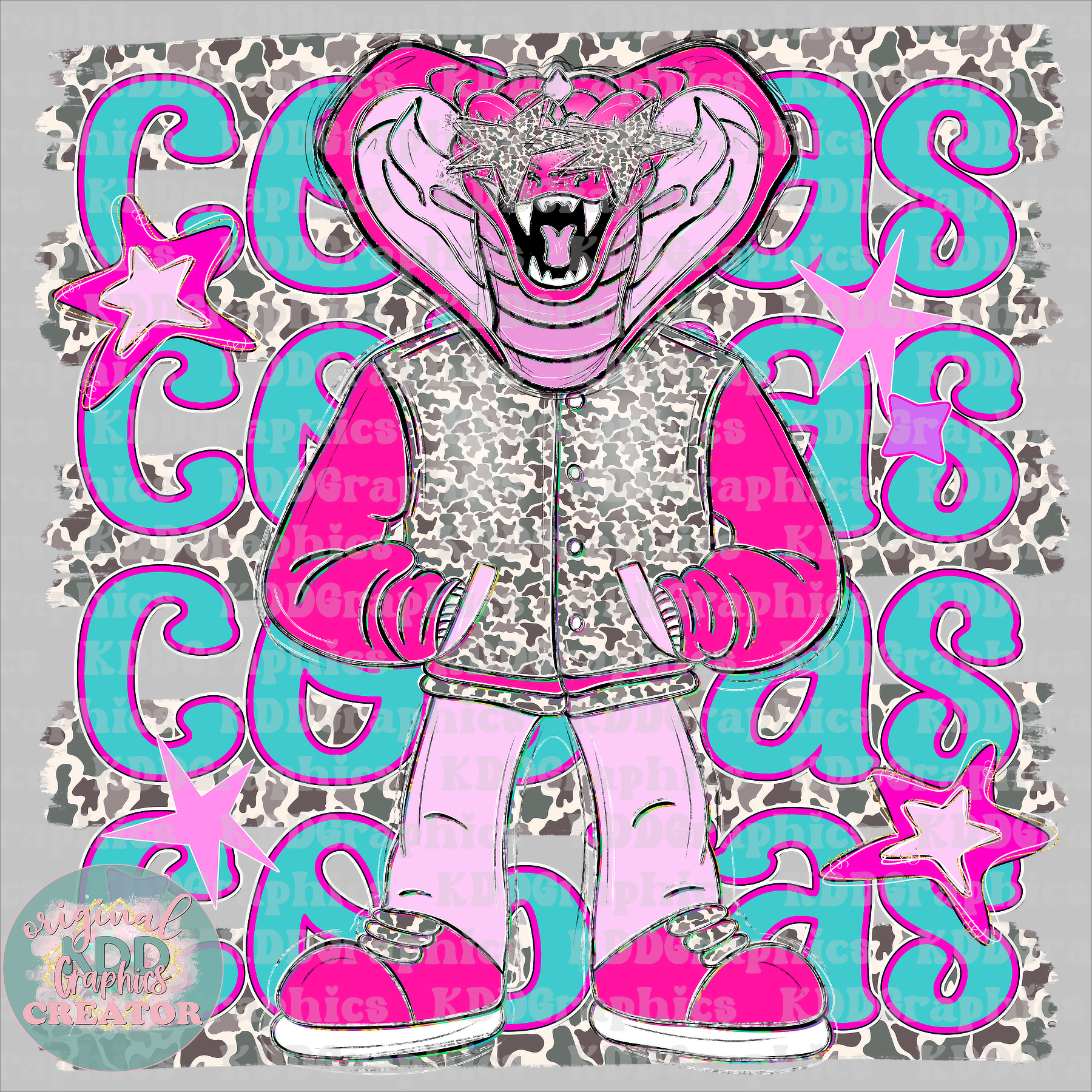 Preppy Pink Varsity Cobras Mascot - Camo Brushstrokes - Cobra School Spirit PNG