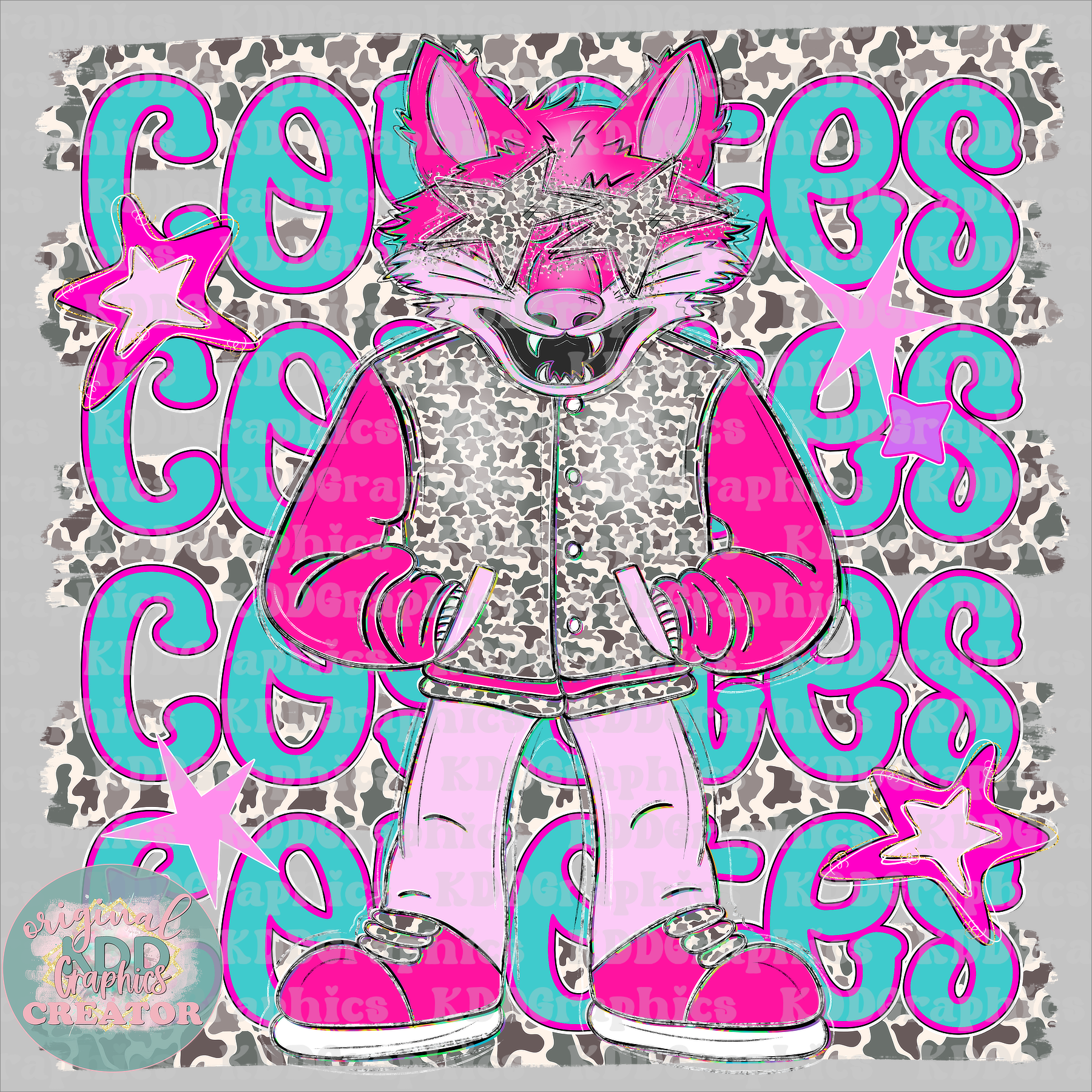 Preppy Pink Varsity Coyotes Mascot - Camo Brushstrokes - Coyote School Spirit PNG